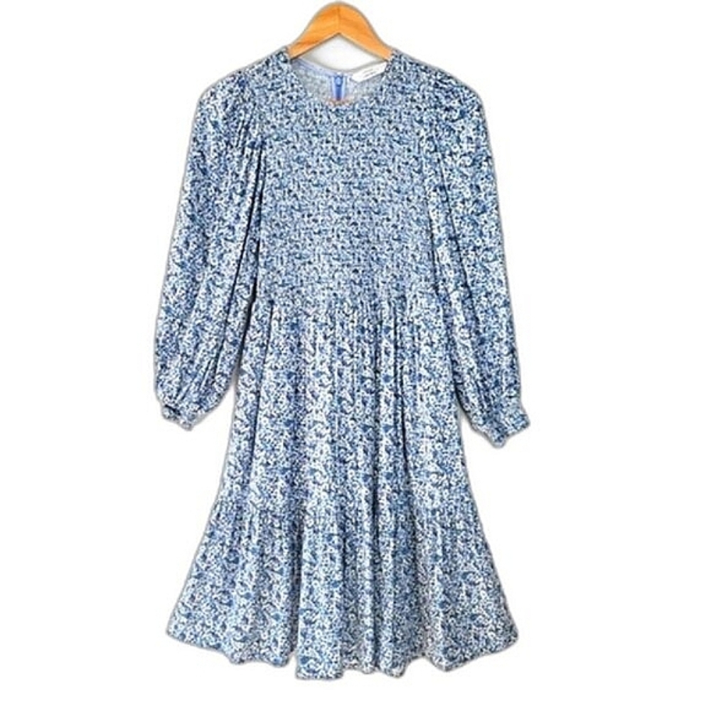 Paris Atelier & Other Stories Blue White Floral Long Sleeve Smock Dress size 4